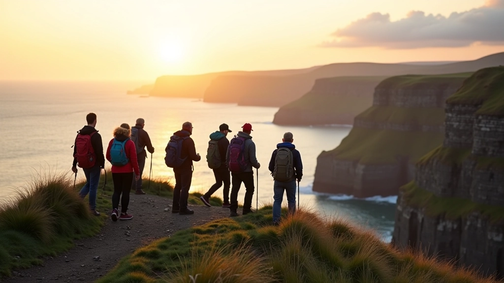 Group of hikers standing at cliff edge overlooking vast ocean landscape and distant mountains