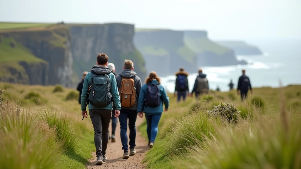 Group of hikers walking along a britford cliff path