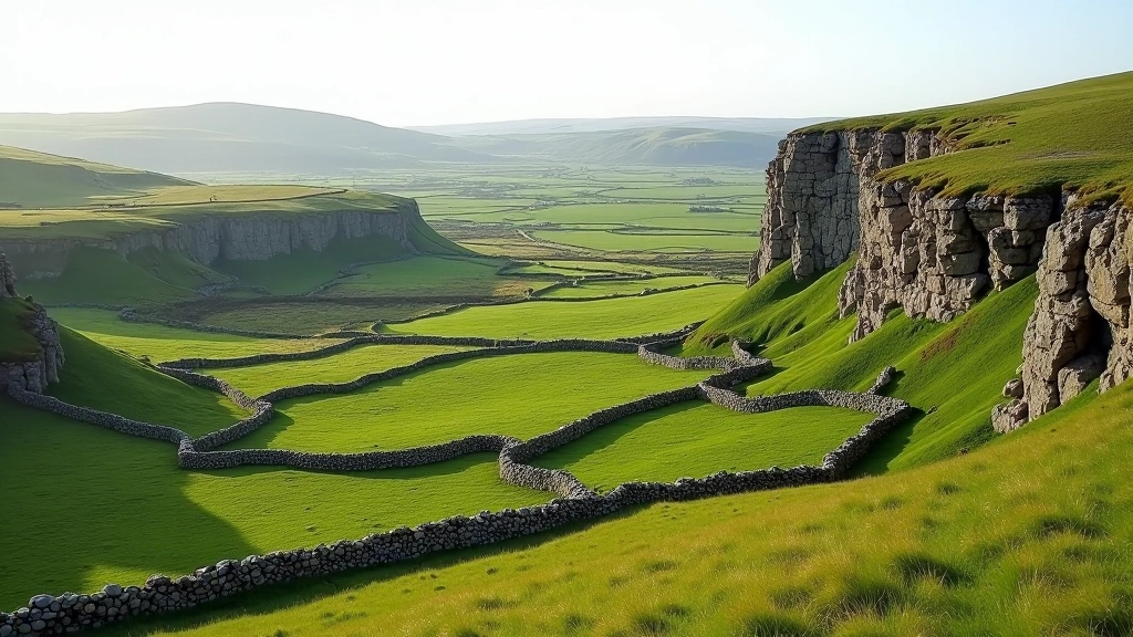 Limestone rock formations and distinctive karst landscape of the Burren with green fields