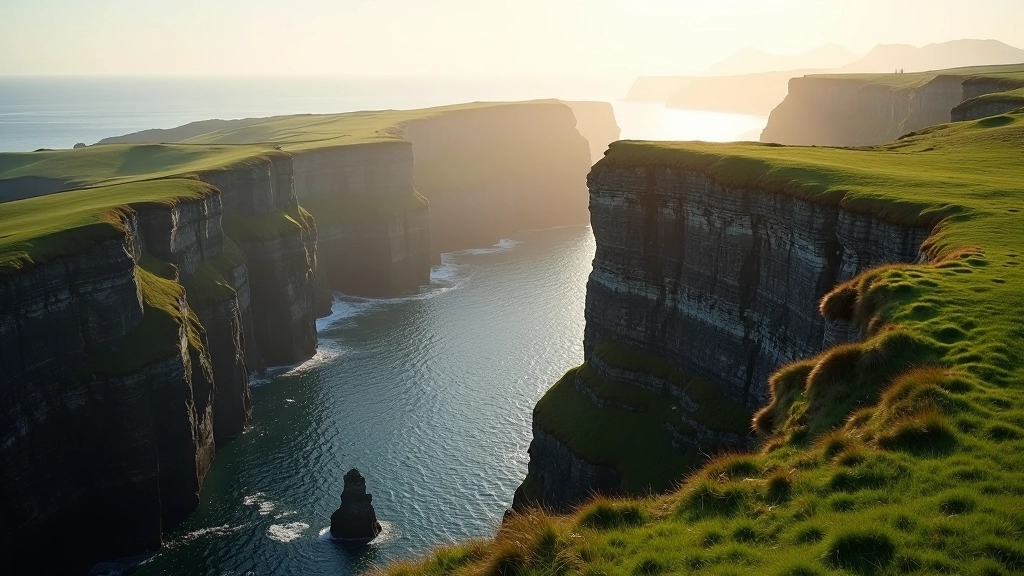 Panoramic view of towering sea cliffs with green slopes and Atlantic Ocean horizon
