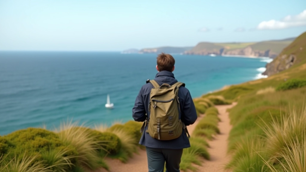 Hiker with backpack on britford trail with ocean and cliffs visible in background